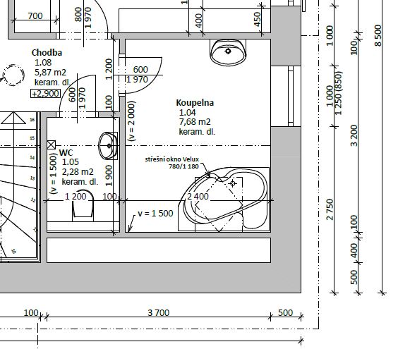 Grafický návrh koupelny - plánek, nákres